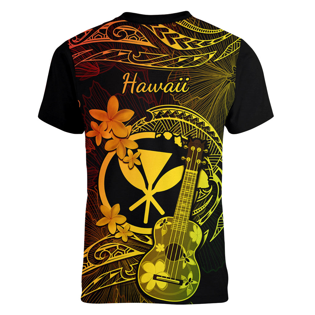 hawaii-women-v-neck-t-shirt-ukulele-mix-polynesian-plumeria-reggae-version