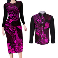 hawaii-couples-matching-long-sleeve-bodycon-dress-and-long-sleeve-button-shirts-ukulele-mix-polynesian-plumeria-pink-version