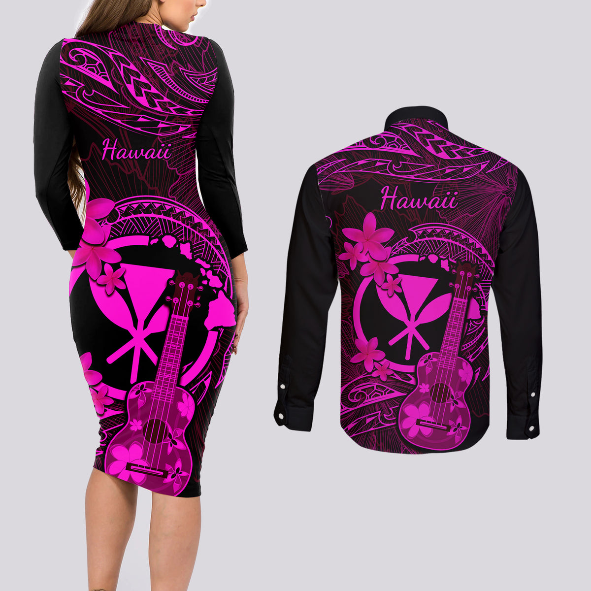 hawaii-couples-matching-long-sleeve-bodycon-dress-and-long-sleeve-button-shirts-ukulele-mix-polynesian-plumeria-pink-version