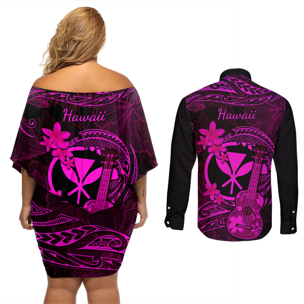 hawaii-couples-matching-off-shoulder-short-dress-and-long-sleeve-button-shirts-ukulele-mix-polynesian-plumeria-pink-version