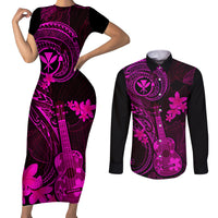 hawaii-couples-matching-short-sleeve-bodycon-dress-and-long-sleeve-button-shirts-ukulele-mix-polynesian-plumeria-pink-version
