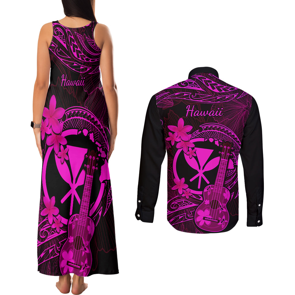 hawaii-couples-matching-tank-maxi-dress-and-long-sleeve-button-shirts-ukulele-mix-polynesian-plumeria-pink-version