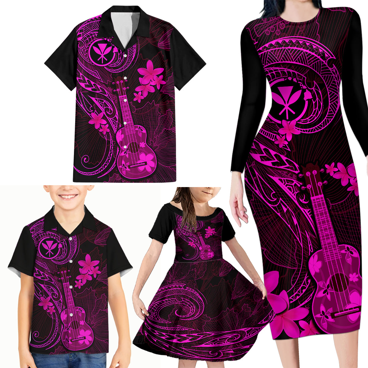 Hawaii Family Matching Long Sleeve Bodycon Dress and Hawaiian Shirt Ukulele Mix Polynesian Plumeria Pink Version LT14 - Polynesian Pride