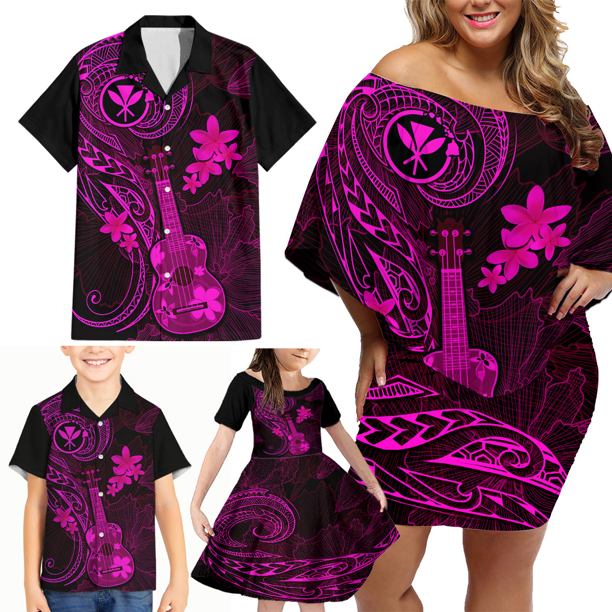 hawaii-family-matching-off-shoulder-short-dress-and-hawaiian-shirt-ukulele-mix-polynesian-plumeria-pink-version