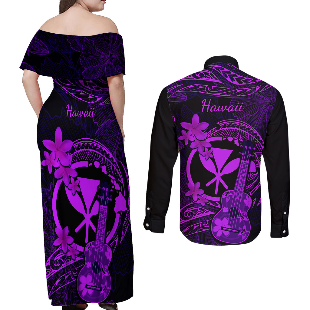 hawaii-couples-matching-off-shoulder-maxi-dress-and-long-sleeve-button-shirts-ukulele-mix-polynesian-plumeria-purple-version