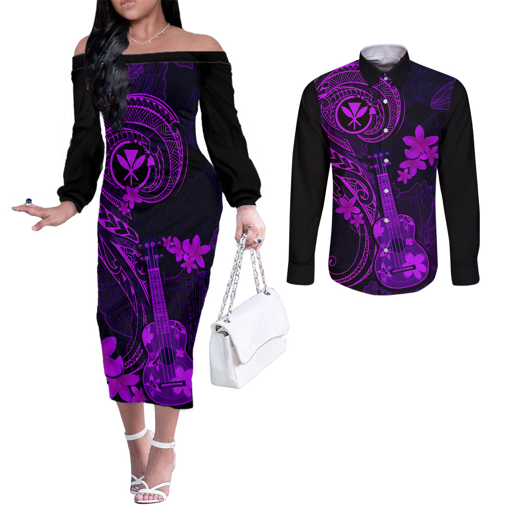 hawaii-couples-matching-off-the-shoulder-long-sleeve-dress-and-long-sleeve-button-shirts-ukulele-mix-polynesian-plumeria-purple-version