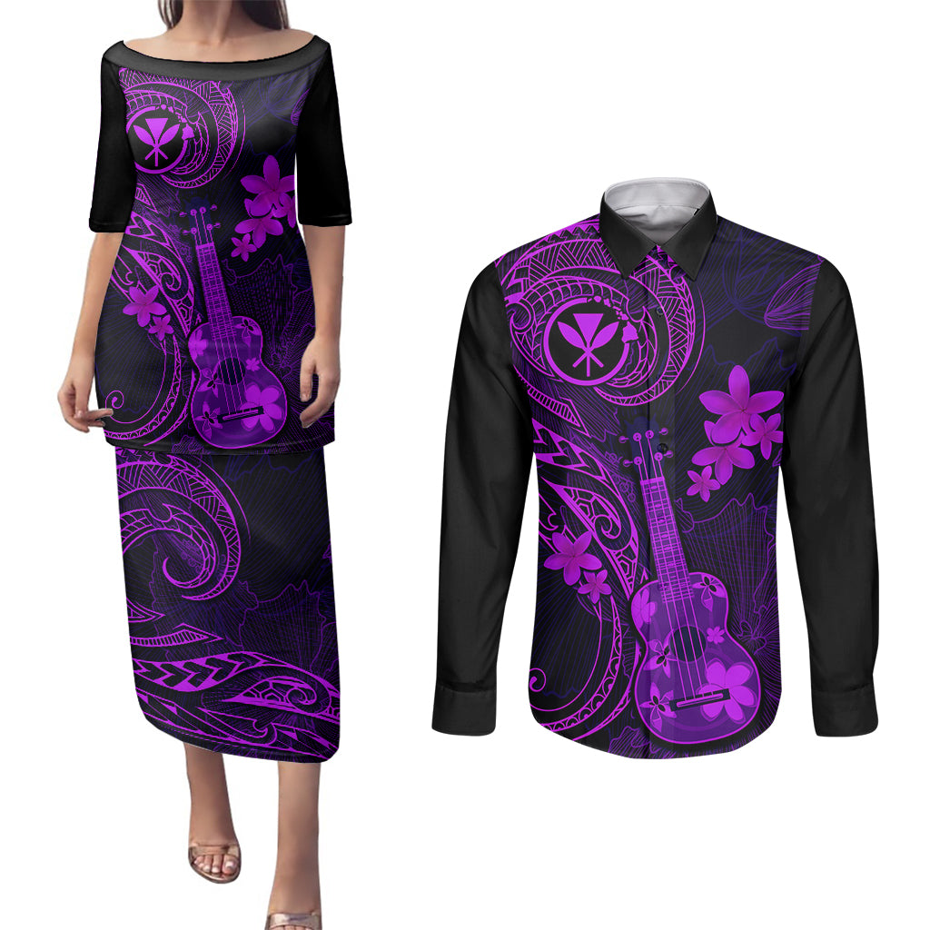 hawaii-couples-matching-puletasi-dress-and-long-sleeve-button-shirts-ukulele-mix-polynesian-plumeria-purple-version