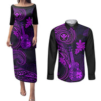 hawaii-couples-matching-puletasi-dress-and-long-sleeve-button-shirts-ukulele-mix-polynesian-plumeria-purple-version