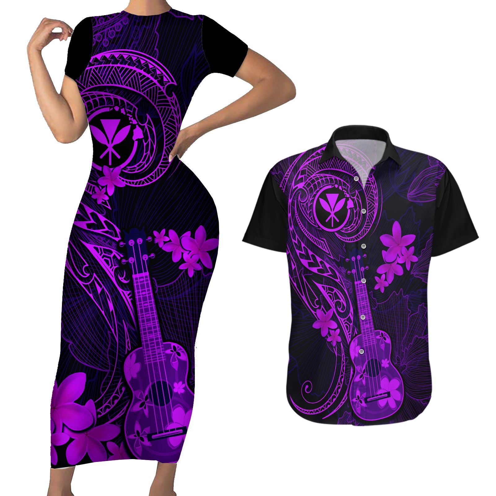 hawaii-couples-matching-short-sleeve-bodycon-dress-and-hawaiian-shirt-ukulele-mix-polynesian-plumeria-purple-version