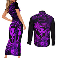 hawaii-couples-matching-short-sleeve-bodycon-dress-and-long-sleeve-button-shirts-ukulele-mix-polynesian-plumeria-purple-version
