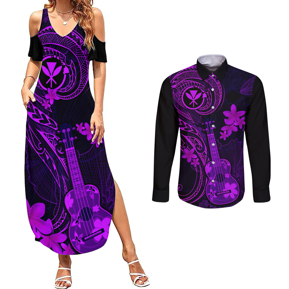 hawaii-couples-matching-summer-maxi-dress-and-long-sleeve-button-shirts-ukulele-mix-polynesian-plumeria-purple-version