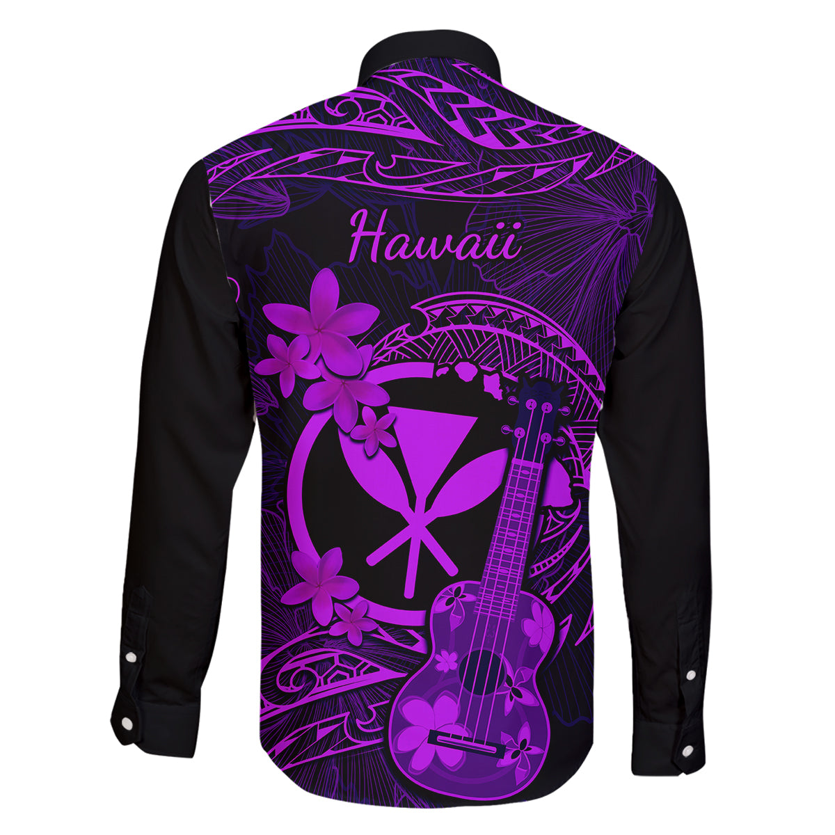 hawaii-family-matching-off-shoulder-long-sleeve-dress-and-hawaiian-shirt-ukulele-mix-polynesian-plumeria-purple-version