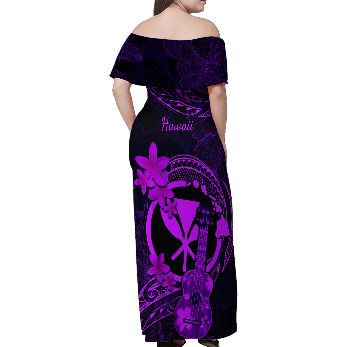 hawaii-family-matching-off-shoulder-maxi-dress-and-hawaiian-shirt-ukulele-mix-polynesian-plumeria-purple-version