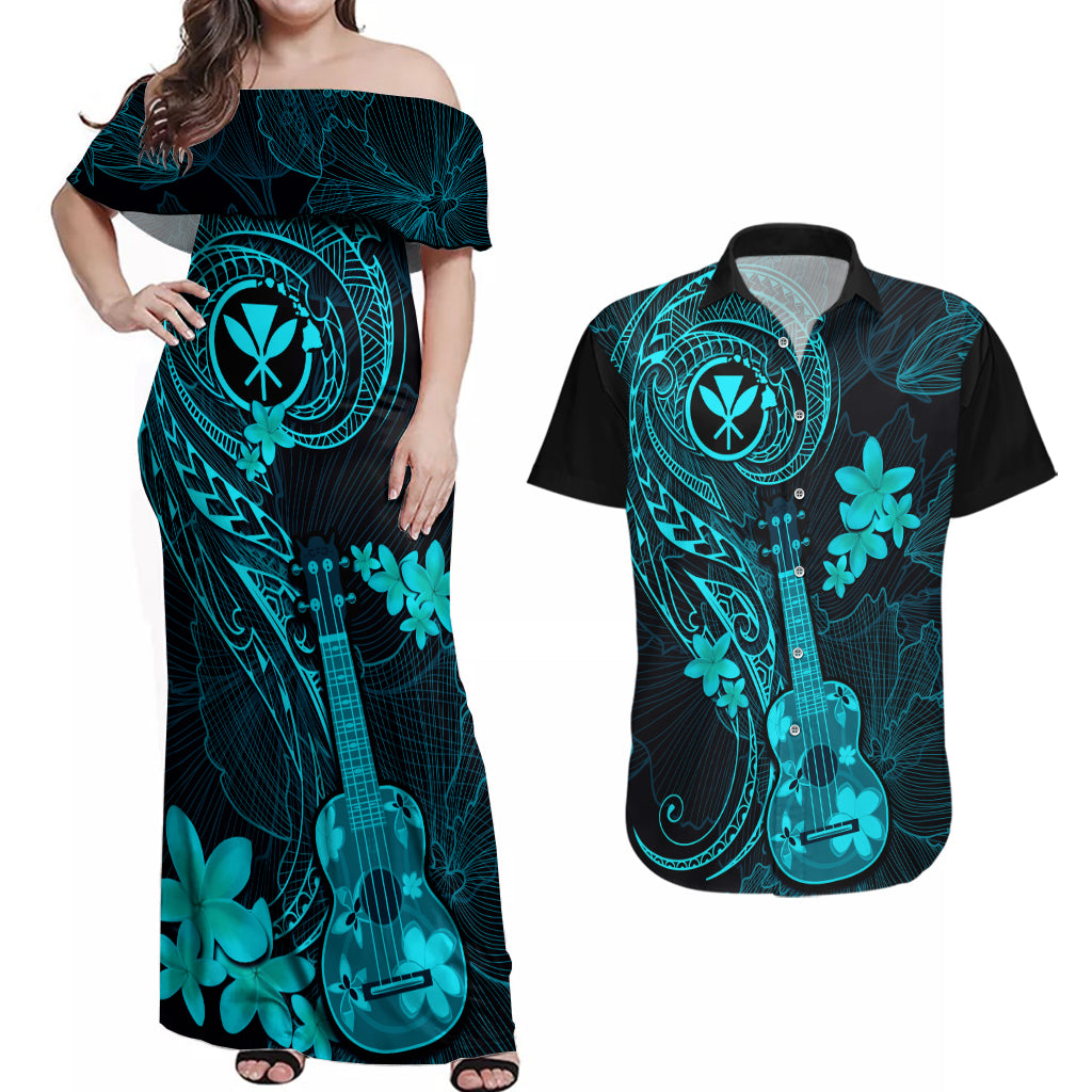 hawaii-couples-matching-off-shoulder-maxi-dress-and-hawaiian-shirt-ukulele-mix-polynesian-plumeria-turquoise-version