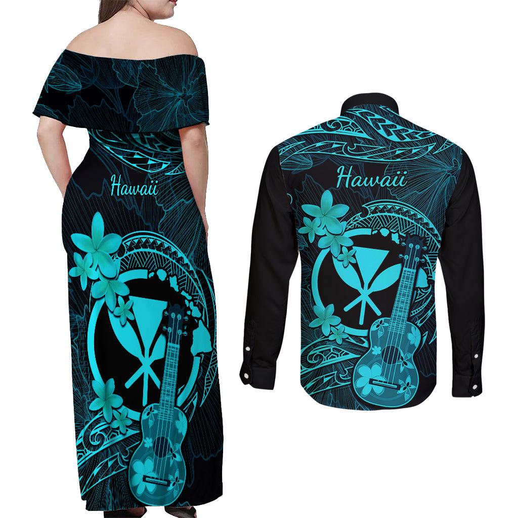 hawaii-couples-matching-off-shoulder-maxi-dress-and-long-sleeve-button-shirts-ukulele-mix-polynesian-plumeria-turquoise-version