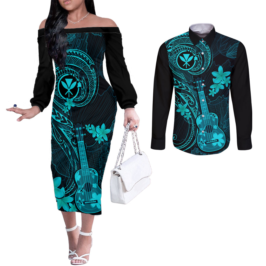 hawaii-couples-matching-off-the-shoulder-long-sleeve-dress-and-long-sleeve-button-shirts-ukulele-mix-polynesian-plumeria-turquoise-version