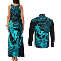 hawaii-couples-matching-tank-maxi-dress-and-long-sleeve-button-shirts-ukulele-mix-polynesian-plumeria-turquoise-version