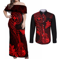 hawaii-couples-matching-off-shoulder-maxi-dress-and-long-sleeve-button-shirts-ukulele-mix-polynesian-plumeria-red-version