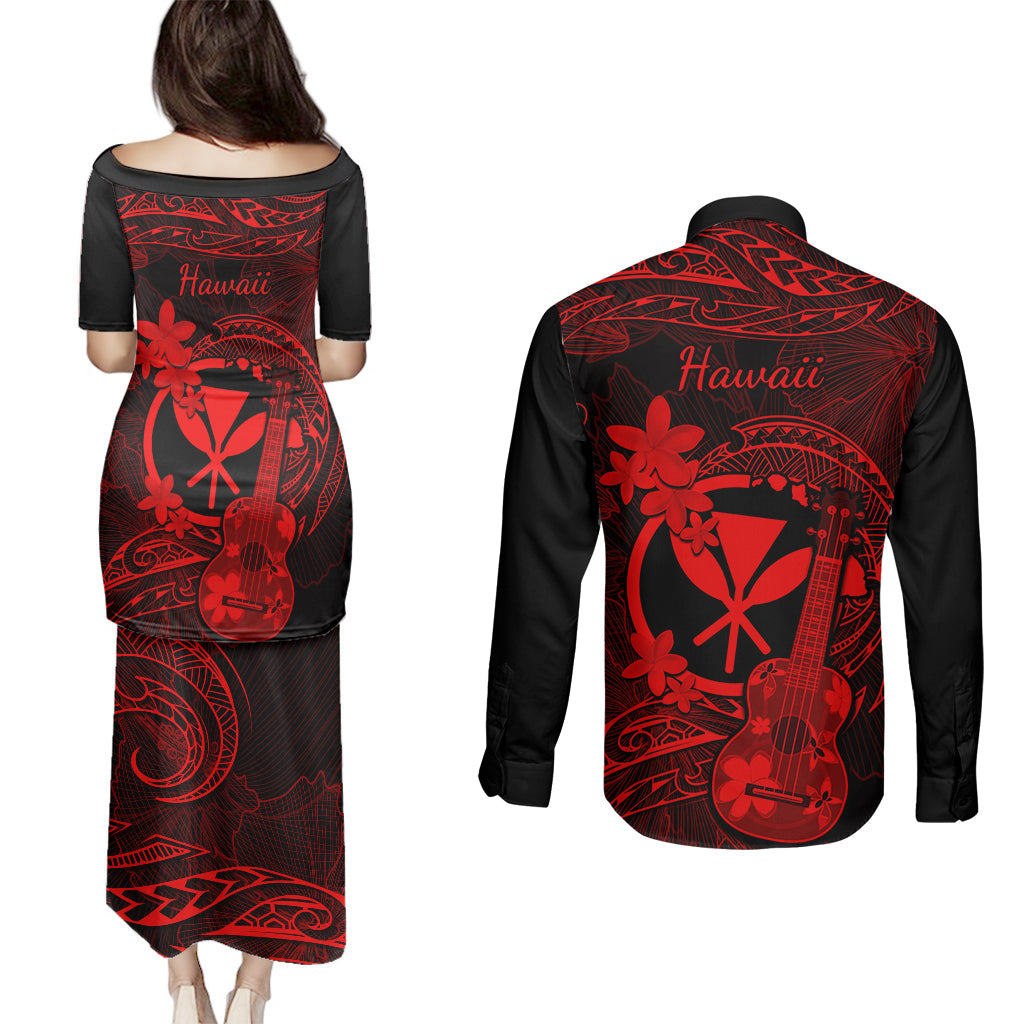 hawaii-couples-matching-puletasi-dress-and-long-sleeve-button-shirts-ukulele-mix-polynesian-plumeria-red-version