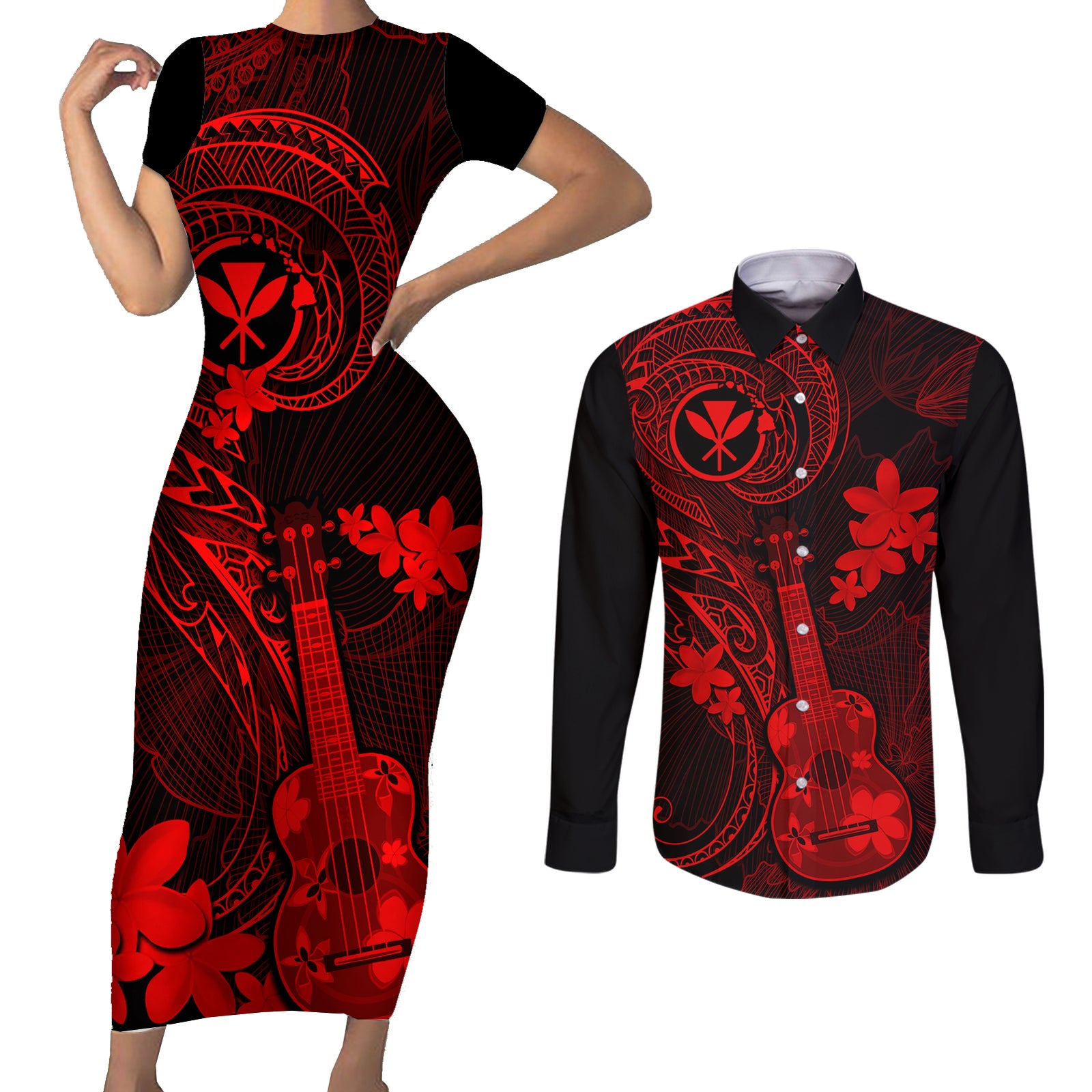 hawaii-couples-matching-short-sleeve-bodycon-dress-and-long-sleeve-button-shirts-ukulele-mix-polynesian-plumeria-red-version