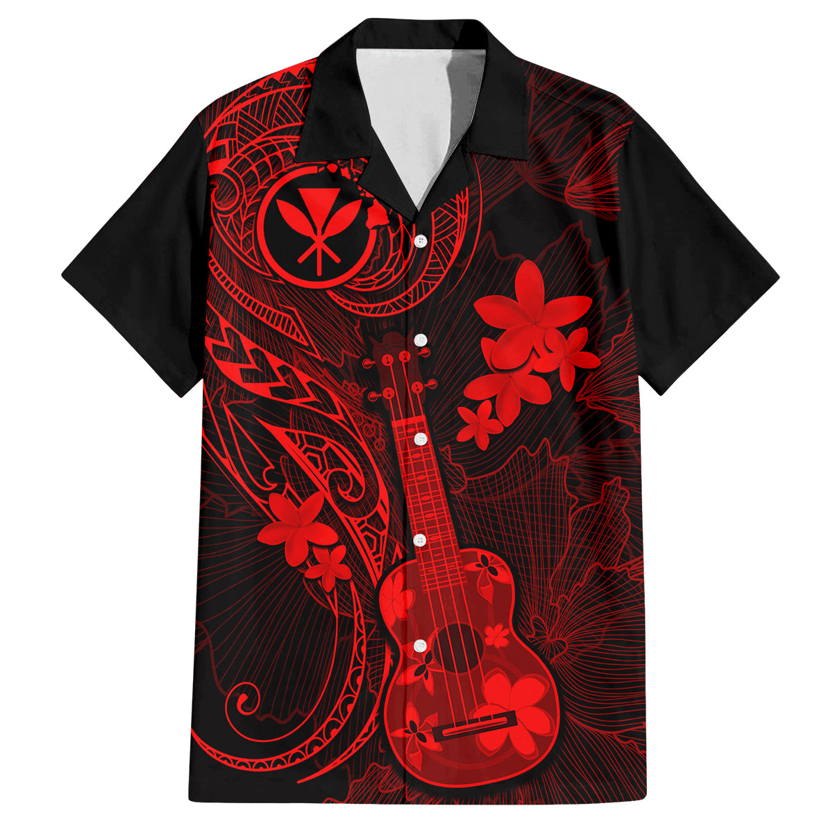 hawaii-family-matching-short-sleeve-bodycon-dress-and-hawaiian-shirt-ukulele-mix-polynesian-plumeria-red-version