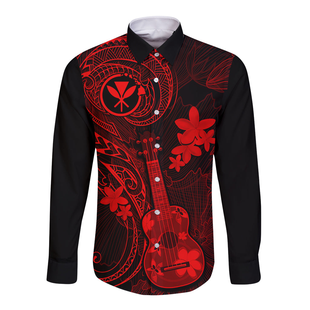 hawaii-long-sleeve-button-shirt-ukulele-mix-polynesian-plumeria-red-version