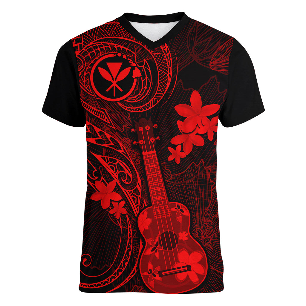 hawaii-women-v-neck-t-shirt-ukulele-mix-polynesian-plumeria-red-version