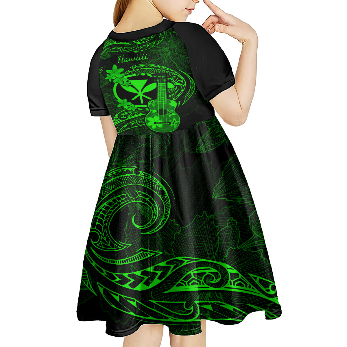 hawaii-kid-short-sleeve-dress-ukulele-mix-polynesian-plumeria-green-version