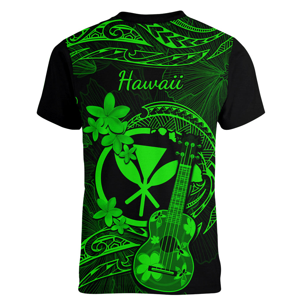 hawaii-women-v-neck-t-shirt-ukulele-mix-polynesian-plumeria-green-version