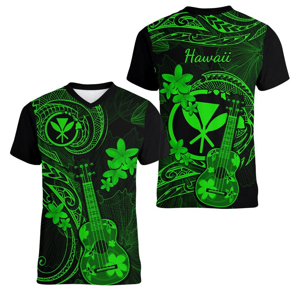 hawaii-women-v-neck-t-shirt-ukulele-mix-polynesian-plumeria-green-version