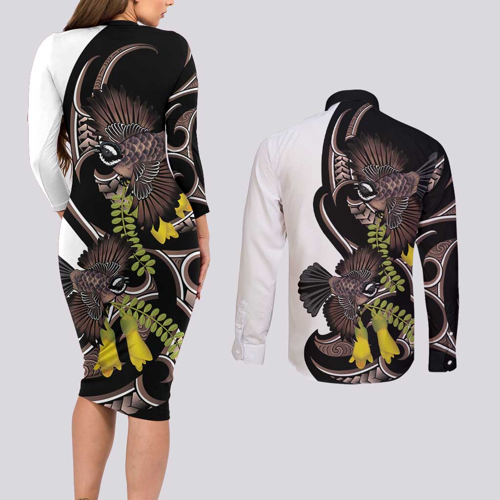 New Zealand Valentines Day Couples Matching Long Sleeve Bodycon Dress and Long Sleeve Button Shirt Piwakawaka Lovers Maori Koru Tattoo LT14 - Polynesian Pride