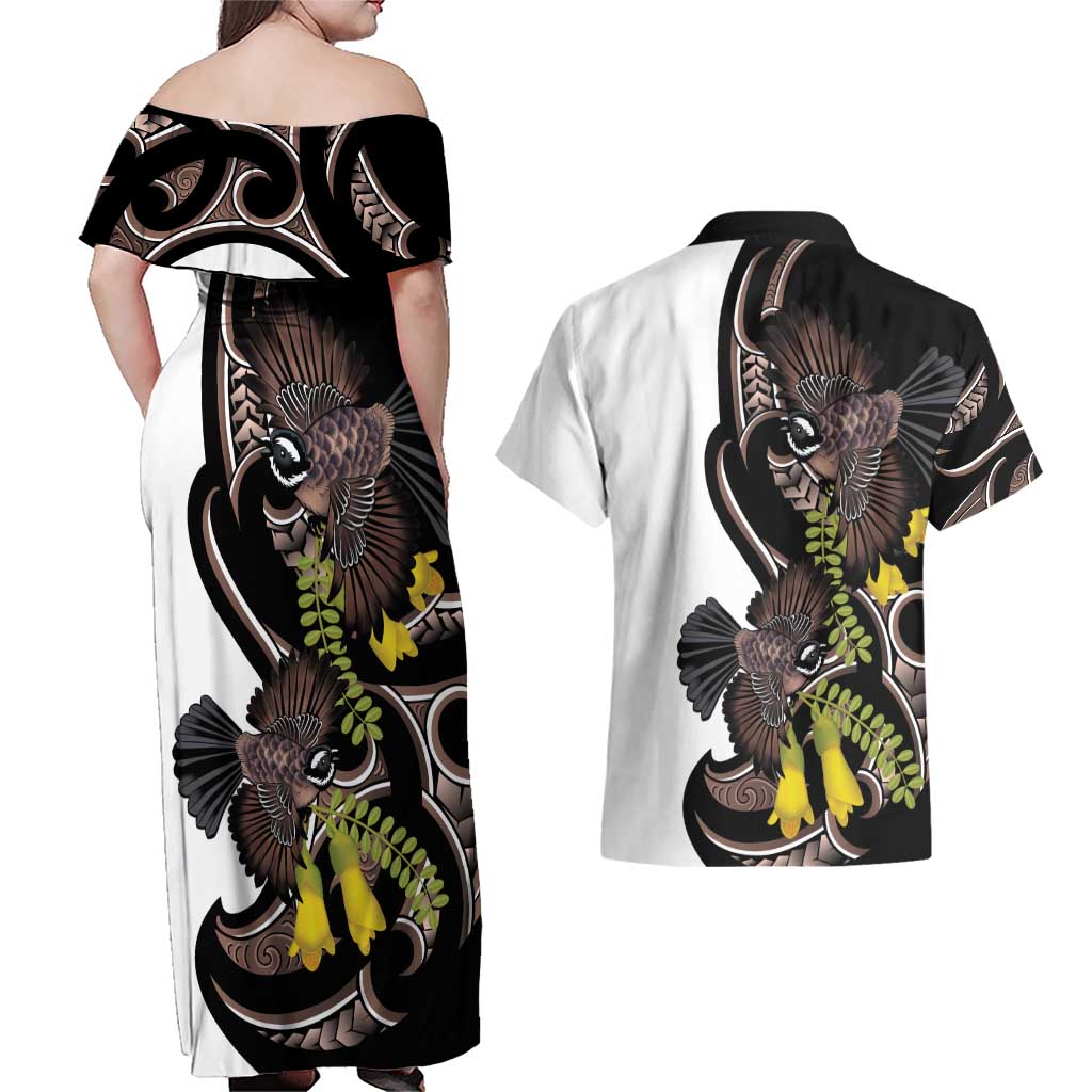 New Zealand Valentines Day Couples Matching Off Shoulder Maxi Dress and Hawaiian Shirt Piwakawaka Lovers Maori Koru Tattoo - Polynesian Pride