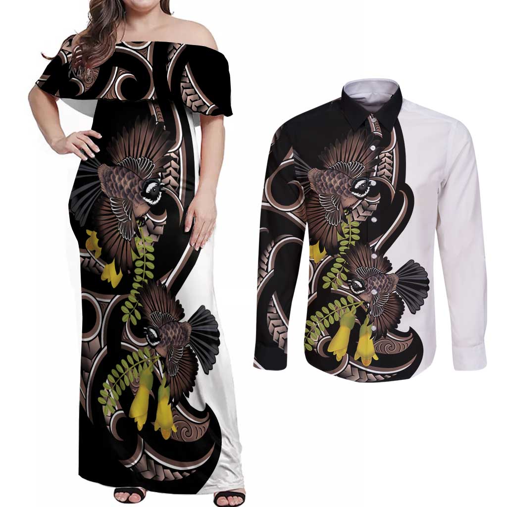 New Zealand Valentines Day Couples Matching Off Shoulder Maxi Dress and Long Sleeve Button Shirt Piwakawaka Lovers Maori Koru Tattoo LT14 Black - Polynesian Pride