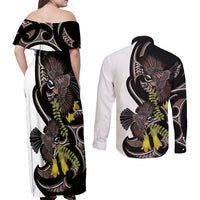 New Zealand Valentines Day Couples Matching Off Shoulder Maxi Dress and Long Sleeve Button Shirt Piwakawaka Lovers Maori Koru Tattoo LT14 - Polynesian Pride