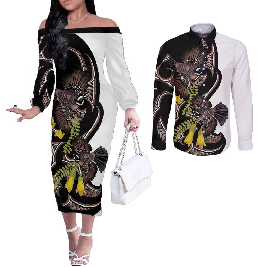 New Zealand Valentines Day Couples Matching Off The Shoulder Long Sleeve Dress and Long Sleeve Button Shirt Piwakawaka Lovers Maori Koru Tattoo LT14 Black - Polynesian Pride