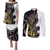 New Zealand Valentines Day Couples Matching Puletasi and Long Sleeve Button Shirt Piwakawaka Lovers Maori Koru Tattoo LT14 Black - Polynesian Pride