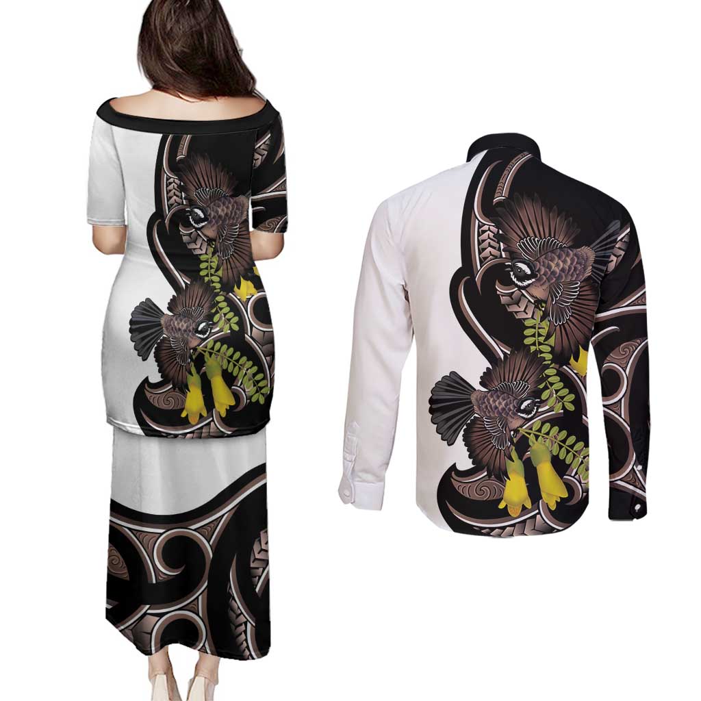 New Zealand Valentines Day Couples Matching Puletasi and Long Sleeve Button Shirt Piwakawaka Lovers Maori Koru Tattoo LT14 - Polynesian Pride