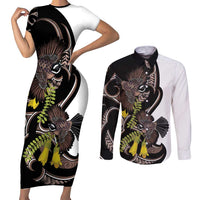 New Zealand Valentines Day Couples Matching Short Sleeve Bodycon Dress and Long Sleeve Button Shirt Piwakawaka Lovers Maori Koru Tattoo LT14 Black - Polynesian Pride