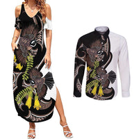 New Zealand Valentines Day Couples Matching Summer Maxi Dress and Long Sleeve Button Shirt Piwakawaka Lovers Maori Koru Tattoo LT14 Black - Polynesian Pride