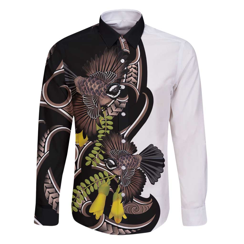 New Zealand Valentines Day Family Matching Mermaid Dress and Hawaiian Shirt Piwakawaka Lovers Maori Koru Tattoo LT14 Dad's Shirt - Long Sleeve Black - Polynesian Pride