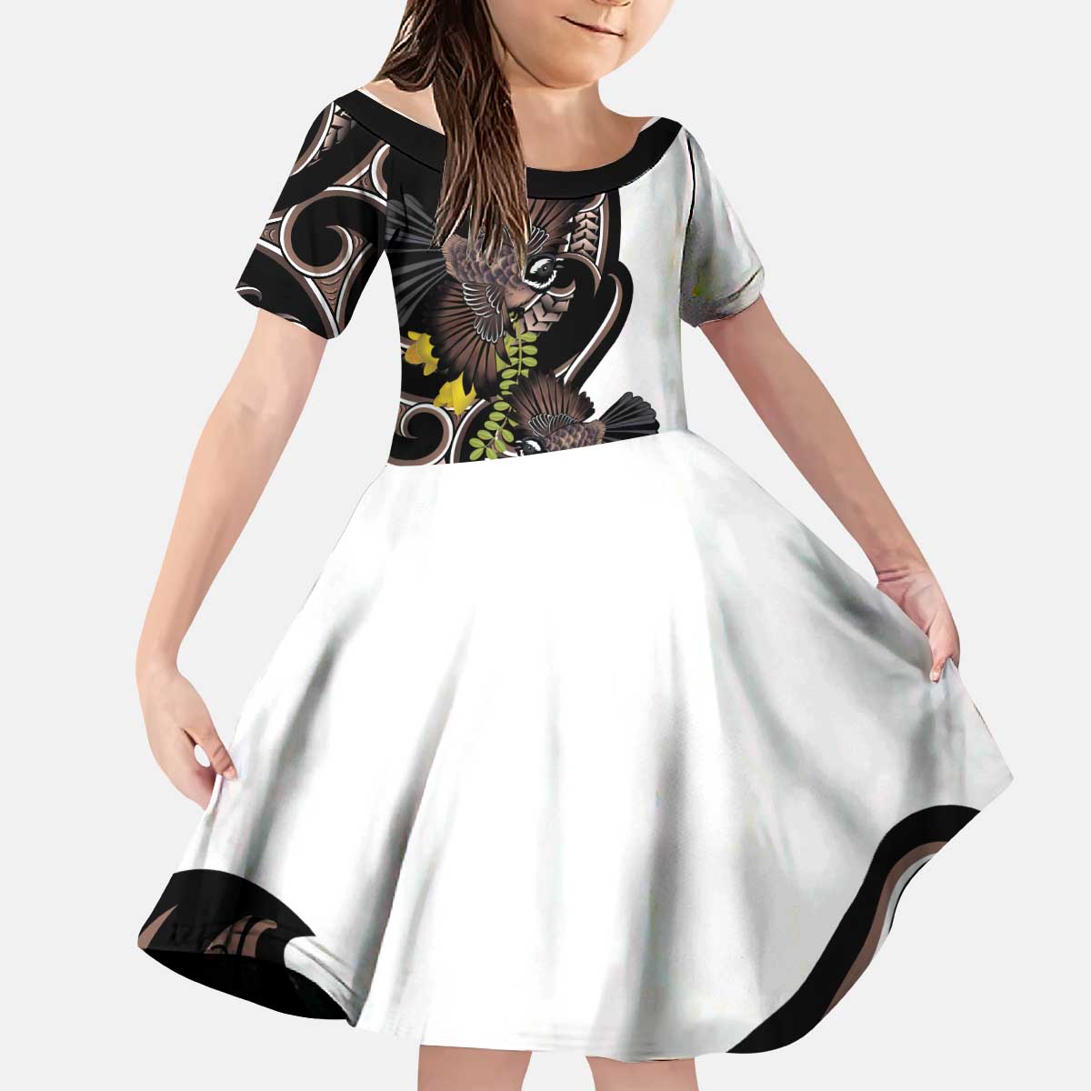 New Zealand Valentines Day Kid Short Sleeve Dress Piwakawaka Lovers Maori Koru Tattoo - Polynesian Pride