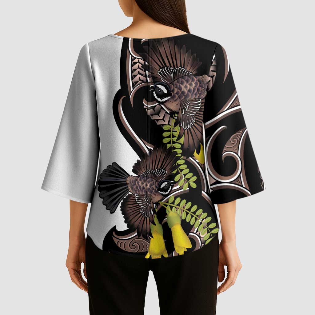 New Zealand Valentines Day Kimono Sleeve Blouse Piwakawaka Lovers Maori Koru Tattoo - Polynesian Pride