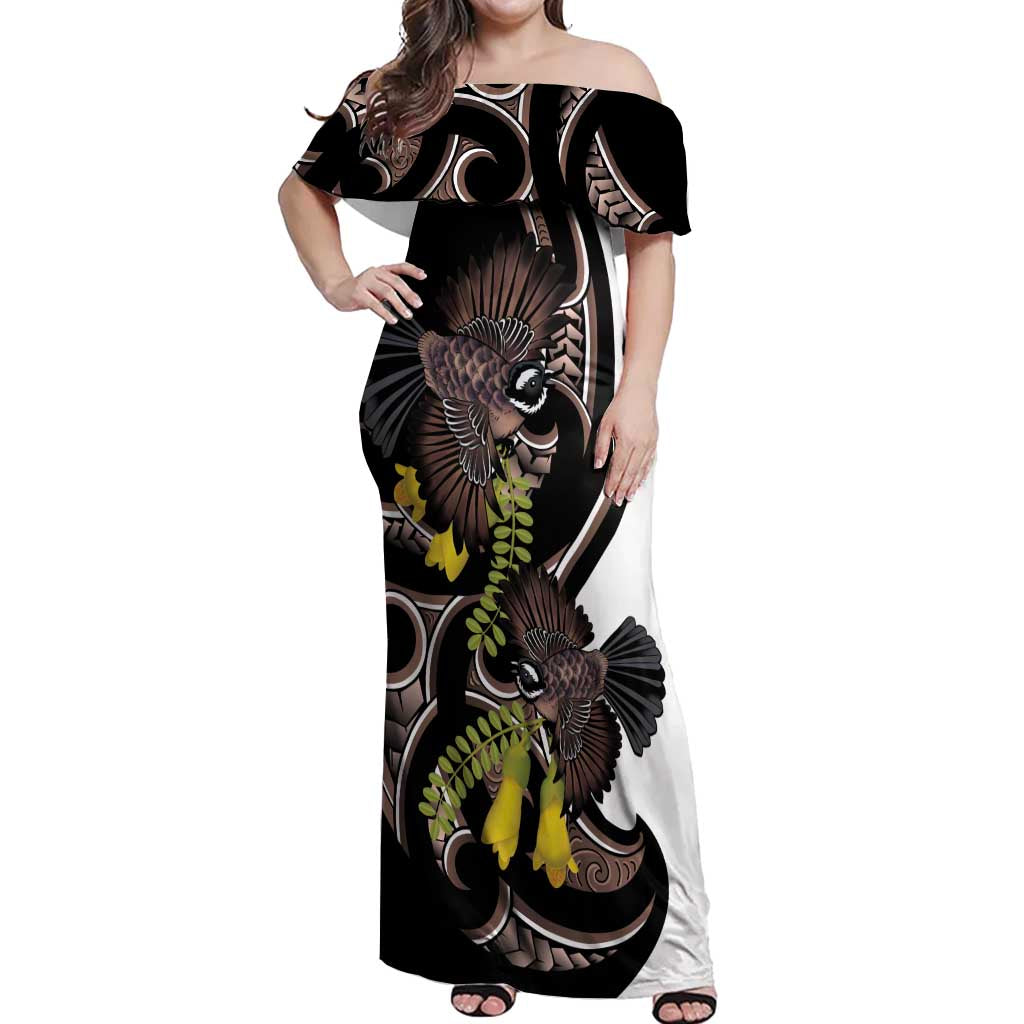 New Zealand Valentines Day Off Shoulder Maxi Dress Piwakawaka Lovers Maori Koru Tattoo - Polynesian Pride