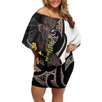 New Zealand Valentines Day Off Shoulder Short Dress Piwakawaka Lovers Maori Koru Tattoo - Polynesian Pride