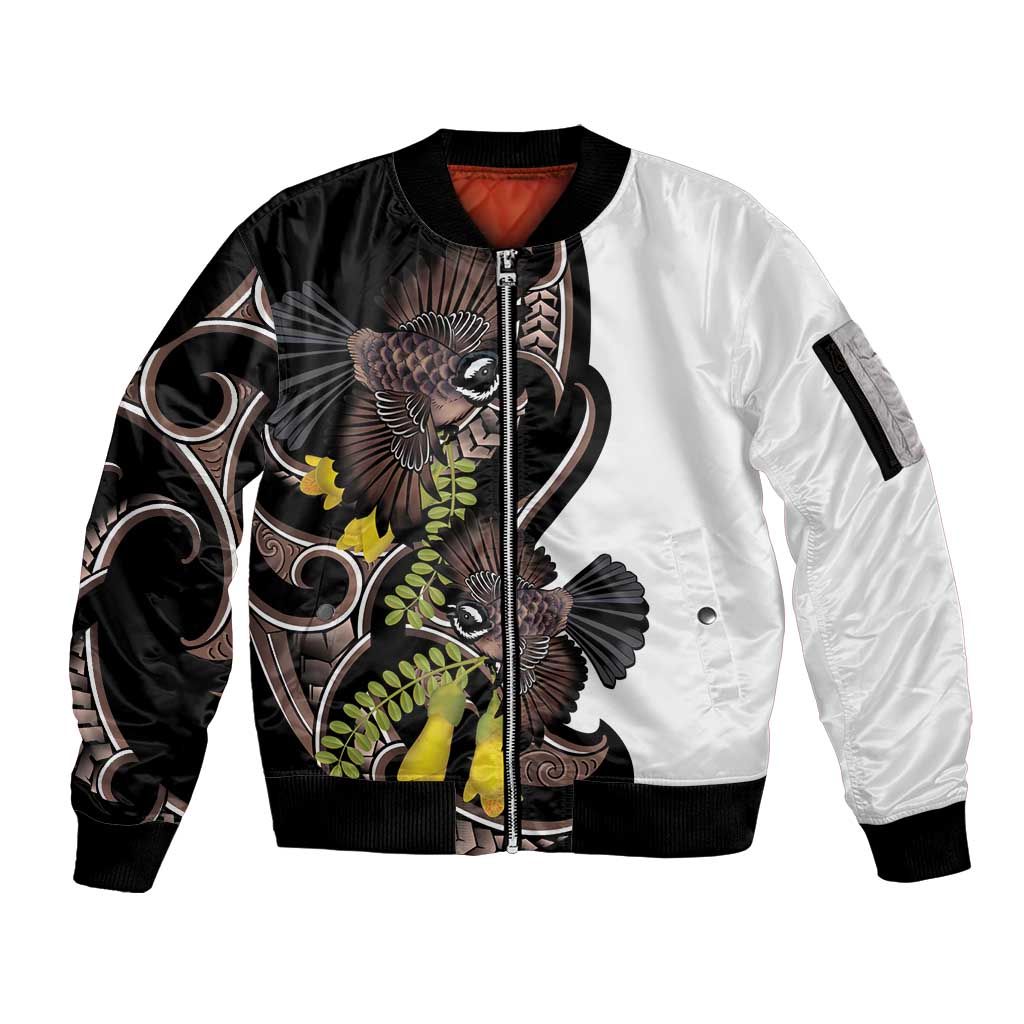 New Zealand Valentines Day Sleeve Zip Bomber Jacket Piwakawaka Lovers Maori Koru Tattoo - Polynesian Pride
