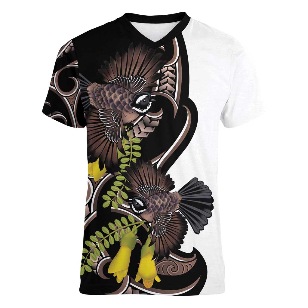 New Zealand Valentines Day Women V-Neck T-Shirt Piwakawaka Lovers Maori Koru Tattoo - Polynesian Pride
