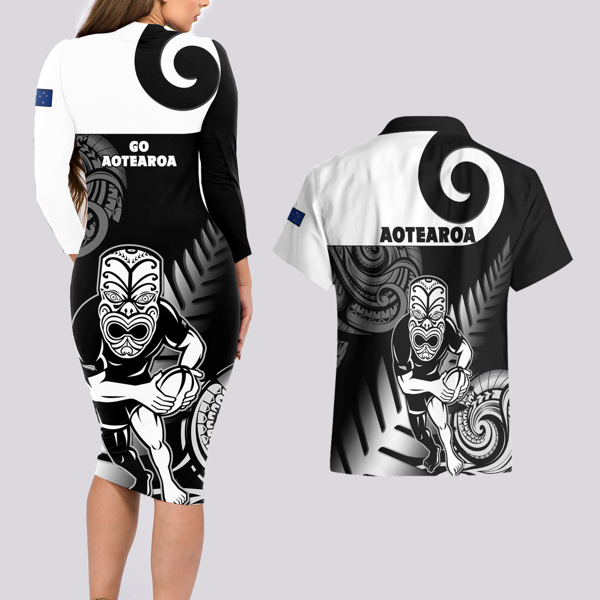 New Zealand Silver Fern Rugby Couples Matching Long Sleeve Bodycon Dress and Hawaiian Shirt Go Champions NZ All Black Maori Koru LT14 - Polynesian Pride