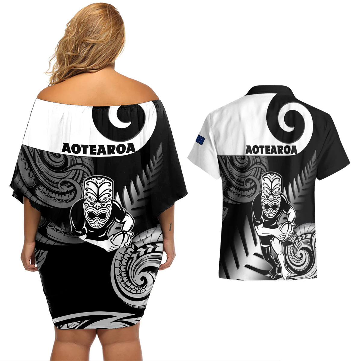New Zealand Silver Fern Rugby Couples Matching Off Shoulder Short Dress and Hawaiian Shirt Go Champions NZ All Black Maori Koru LT14 - Polynesian Pride