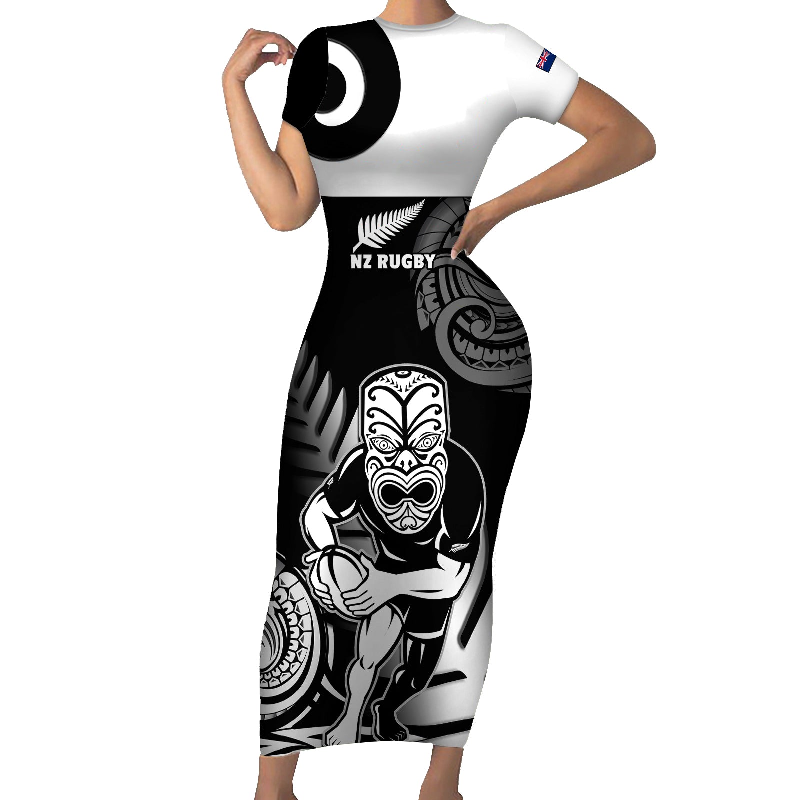 New Zealand Silver Fern Rugby Short Sleeve Bodycon Dress Go Champions NZ All Black Maori Koru LT14 Long Dress Black - Polynesian Pride