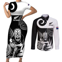 Custom New Zealand Silver Fern Rugby Couples Matching Short Sleeve Bodycon Dress and Long Sleeve Button Shirts Go Champions NZ All Black Maori Koru LT14 Black - Polynesian Pride